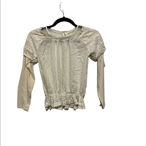 Jak & Peppar Long Sleeve Boho Crochet Lace Off-White Cream Peplum Top SZ 14 - Picture 2 of 9